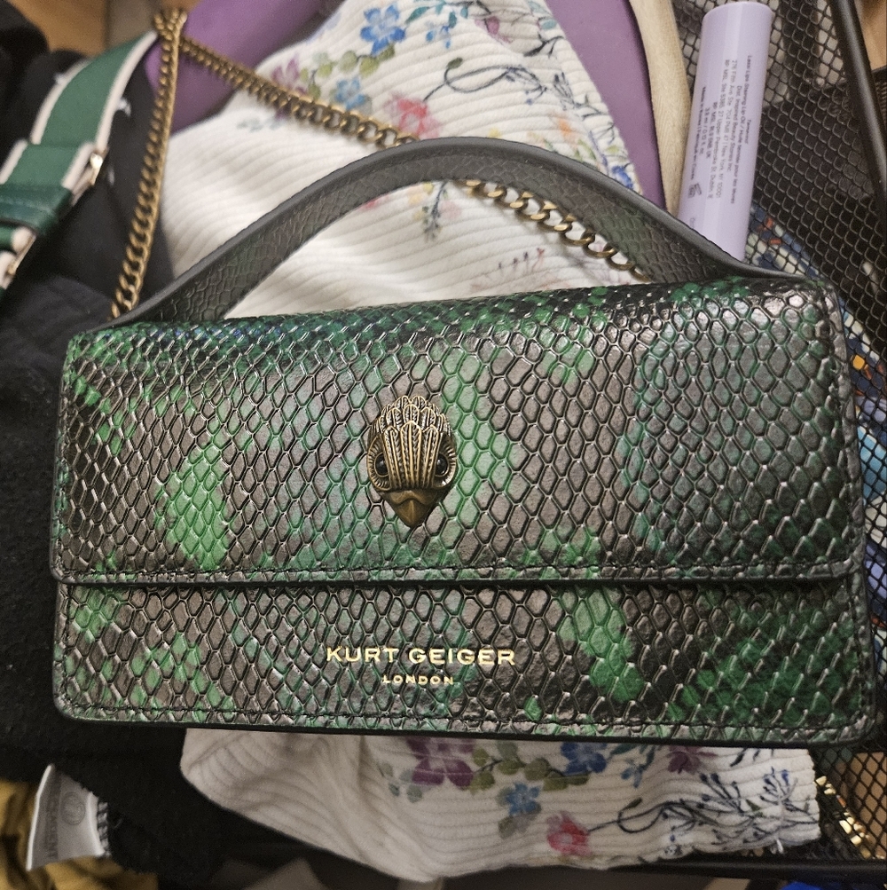 Kurt Geiger London Emerald Green & Black Faux Snakeskin Mini Crossbody.